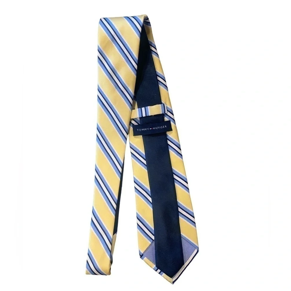 Tommy Hilfiger Men’s 100% Silk Tie Yellow Blue Stripes